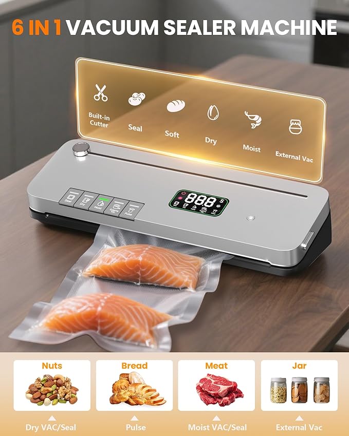 Food Vacuum Sealer Machine, 75KPa Strong Suction, Digital Timer, Built-in Cutter, Pulse Function, Dry & Moist Modes, External Vacuum for Jars & Containers, 20 Vacuum Sealer Bags Included