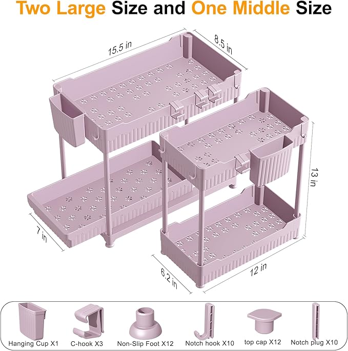Sevenblue 3 Pack Under Sink Organizers, 2-Tier Multi-Use Kitchen and Bathroom Organizers and Storage with Sliding Drawers, Bathroom Cabinet Organizer (Pink, 12.8 Inch)