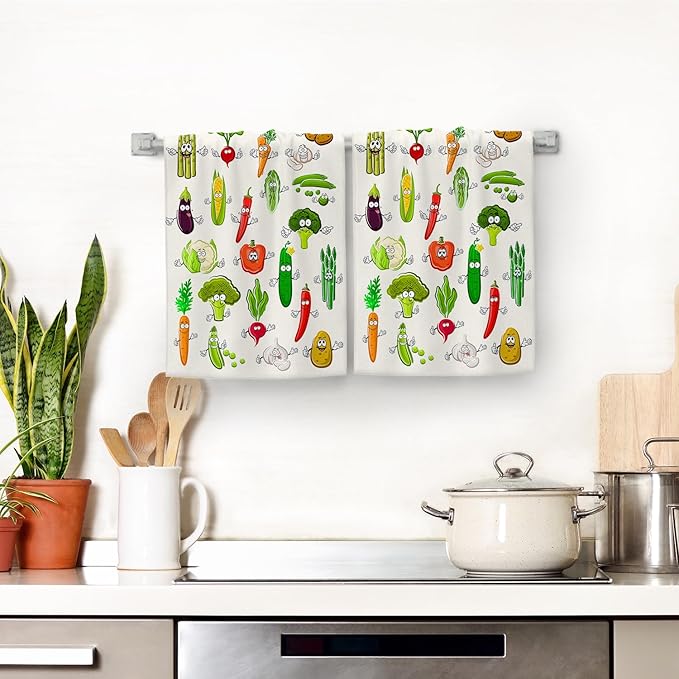 Funny Vegetables Kitchen Towels Decorative Set of 2, Soft Absorbent Cute Botanic Dish Towels Hand Towels for Kitchen Farmhouse Holiday Home Decorations