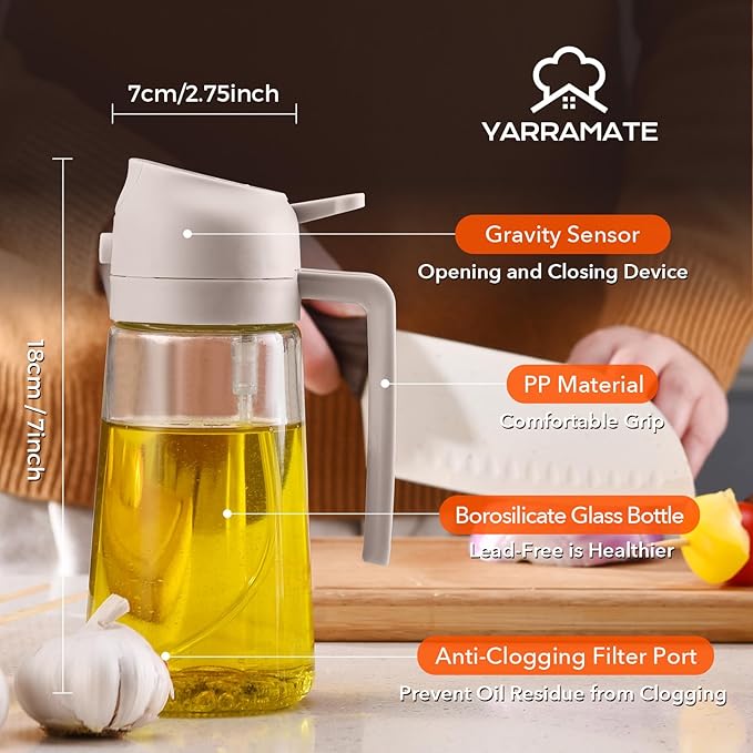 YARRAMATE 16oz/470ml Glass Olive Oil Sprayer for Cooking with Stickers, 2 in 1 Oil Dispenser for Kitchen Gadgets, Food Grade Premium Spray Bottle for Salad, Frying, BBQ (LotusRootPink)