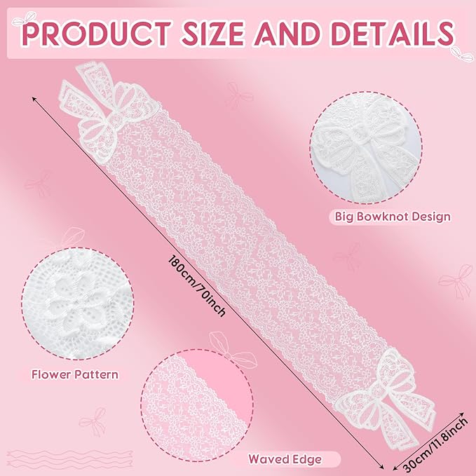 White Lace Table Runner with Big Bow Ends 12 x 71 Inch Vintage Rectangle Macrame Embroidered Runner French Style Tablecloth for Wedding Kitchen Dining Table Home Decor
