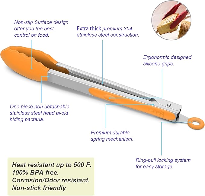 3 Pack Orange Kitchen Tongs, Premium Silicone BPA Free Non-Stick Stainless Steel BBQ Cooking Grilling Locking Food Tongs, 9-Inch 10-Inch & 12-Inch