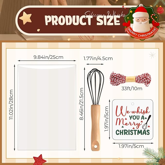 Baderke 20 Sets Baking Gifts Set Includes 8 Inch Silicone Whisk with Wood Handle Wired Stainless Steel Whisk Set Greeting Cards Plastic Bags for Party Birthday Christmas Stuffers Gift(Black)