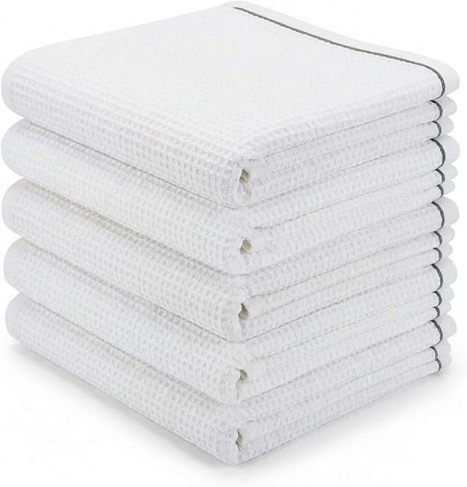 5 Pack Hand Towels, Bath Towels, Kitchen Towels and Dishcloths Sets, 30 x 14 Inches, Absorbent Dish Towels for Kitchen, Microfiber Cleaning Cloth, Waffle Kitchen Towels (White)