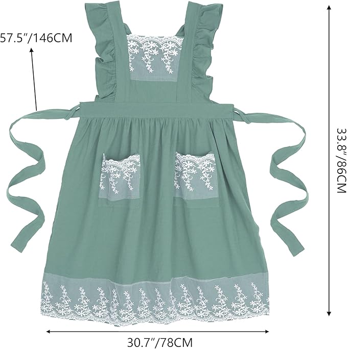 Aoomzoon Vintage Aprons for Women with Pockets Cute Lace Ruffle Adjustable Apron for Cooking Kitchen Baking Gardening