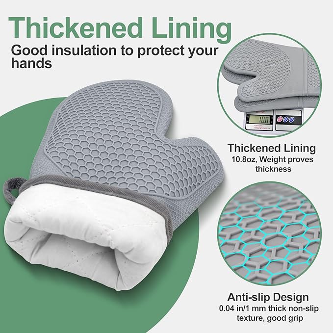 Silicone Oven Mitts Heat Resistant to 500ºF - [Ultra Heat Resistant] [Thickened Liner] [Waterproof Silicone] Kitchen Oven Gloves Mittens for Cooking, 1 Pair (Grey)