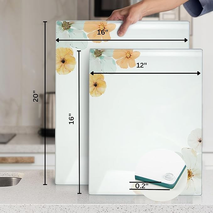 Kitchenville Glass Cutting Board 16"x12": Tempered Glass Kitchen Counter Protector - Durable- Scratch-Resistant, Heat-Proof - Design 5 - Floral Design