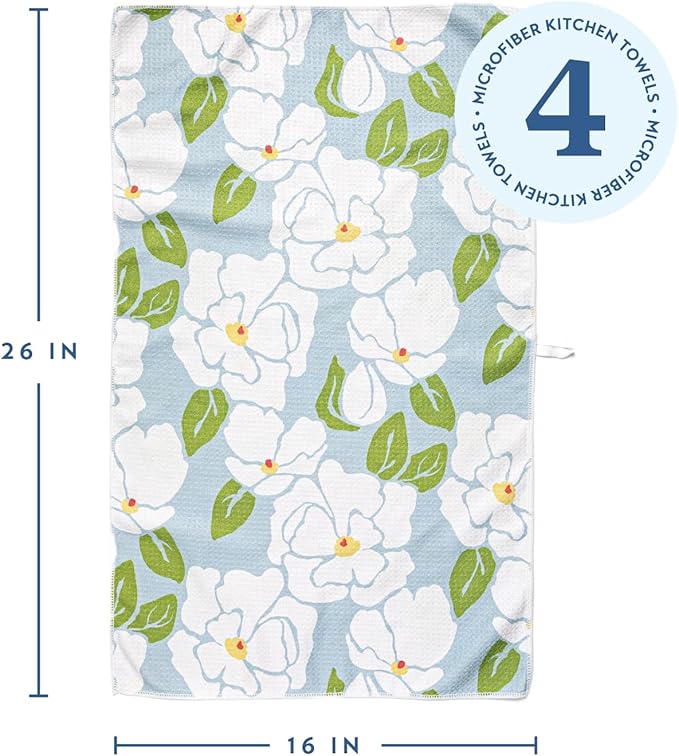 ELYN Microfiber Kitchen Dish Towel Set, Quick-Dry & Absorbent Waffle Weave Cleaning Towels, Set of 4 Kitchen Towels, Paper Towels Alternative (Magnolias & Stripe)