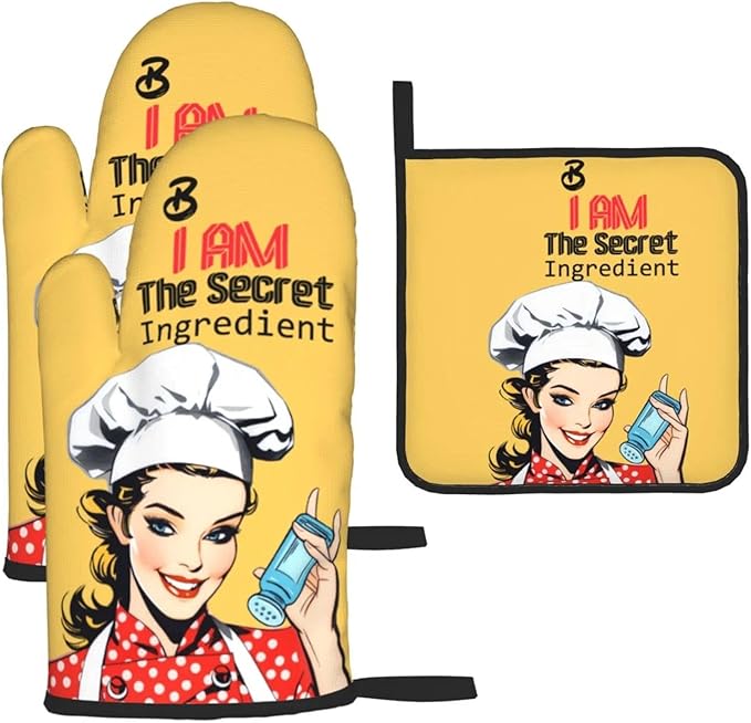 Cute Yellow Retro Chef Humorous Oven Mitts & Pot Holders Set of 3, Heat Resistant Funny Kitchen Gloves and Hot Pads for Cooking Baking Grilling, Gifts for Women Cooking Lovers, Home Decor, Yellow Red