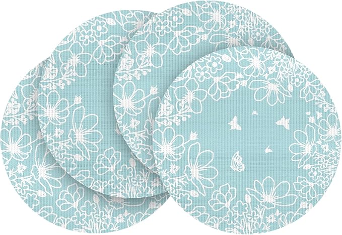 Artoid Mode Blue Leaves Vinyl Round Placemats Set of 4, 14 Inch Washable Non-Slip Heat Resistant Woven Plastic Spring Table Mats for Party Kitchen Dining Decor