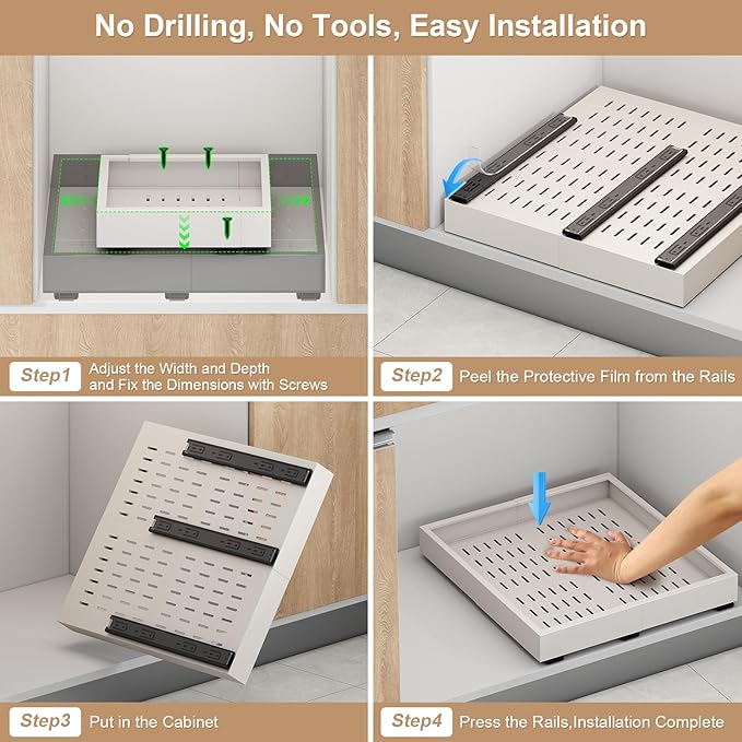 Pull out Cabinet Organizer,Width (14"-21") and Depth (17"-24") Expandable With 3 Rails,No Drill Adjustable Slide out Drawers for Kitchen,Pantry,Adhesive Roll out Shelves,for Cabinets Without Lip,White