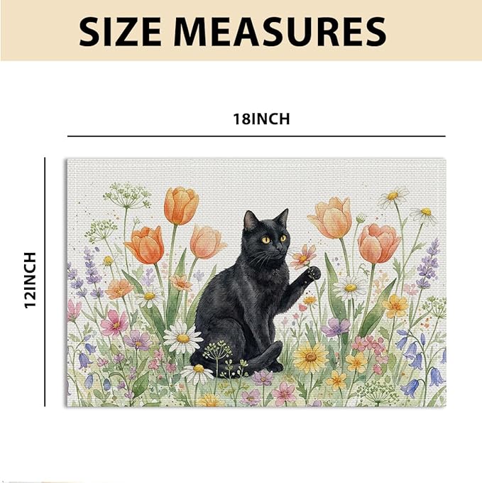 Black Cat Placemats Set of 4, Spring Floral Watercolor Table Mats for Outdoor Home Party Kitchen Dining Decor, Washable Non-Slip Heat Resistant Linen Fabric Rectangle Place Mats, Cute Cat Lover Gifts