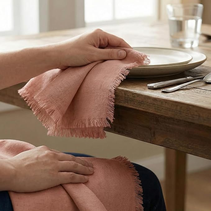 ACCENTHOME Blush Cotton Linen Napkin Set of 6 18x18 inch Dinner Napkins - Washable Soft Premium Hotel Quality Reusable Napkins Perfect Table Napkins for Family Dinners, Weddings & Everyday Use