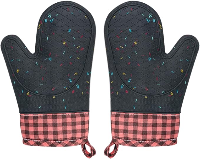 Wanheart Silicone Oven Mitts Heat Resistant, Non Slip Baking Mittens with Cotton Lining, Cute Confetti Pink Kitchen Decor for Cooking, 2-Pack