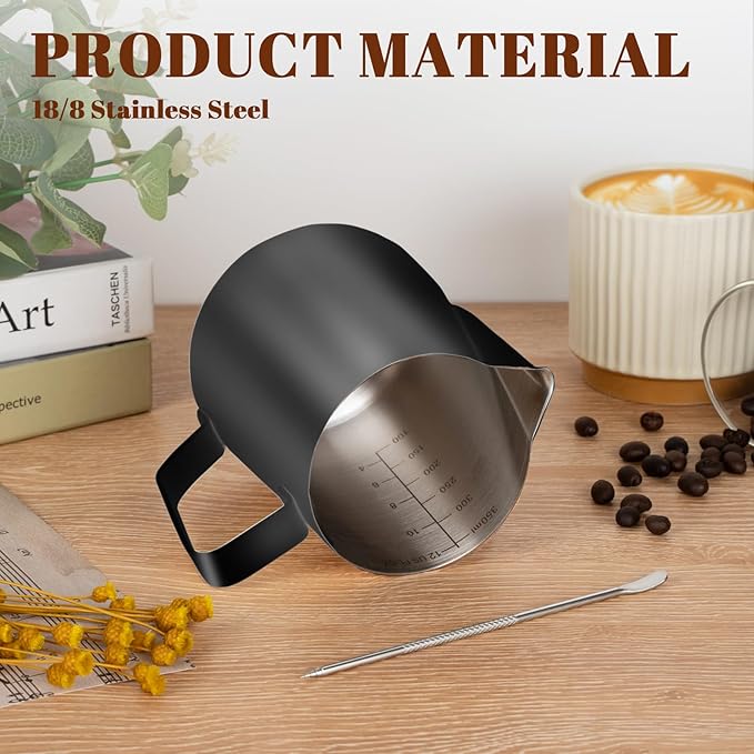 Amrules Milk Frothing Pitcher, 12oz Milk Frother Cup with Clear Scale, 304 Stainless Steel Cappuccino Espresso Machine Accessories for Barista Coffee Bar with Latte Art Pen, Black