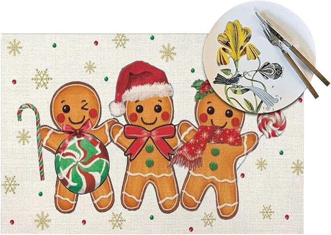 Christmas Place mats Set of 4,12x18 Inches Brown Gingerbread Man Decorative Christmas Decor Placemats Rectangle Winter Table Mats for Party Home Kitchen Dining Table Decoration