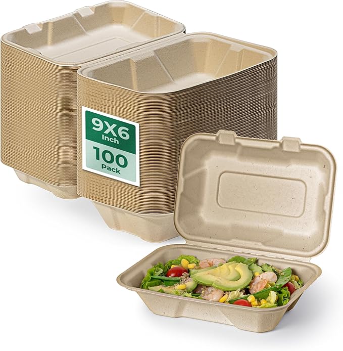 Fit Meal Prep 600 Pack 9x6 Compostable To Go Food Containers, Disposable To Go Boxes for Food, Clamshell Take Out Containers with lids, Eco Friendly Biodegradable, PFAS-Free, Bagasse, Microwave Safe