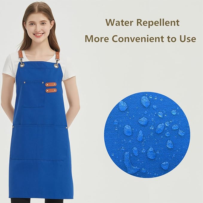 AFUN Chef Aprons for Women Men with Oversized Pockets, 12-Ounce Cotton Canvas Cross Back Water Repellent Apron (Royal Blue)
