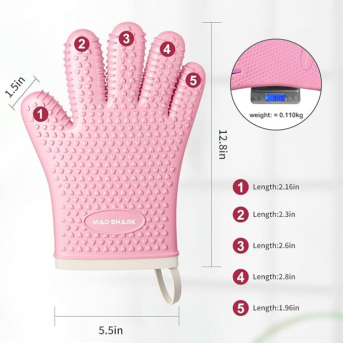 MAD SHARK Silicone Oven Mitts Heat Resistant 450 Degrees,Waterproof & Non-Slip Oven Gloves with Fingers,Cotton Lined Silicone Oven Gloves Kitchen Mitts for Baking Cooking Barbecue,Women (Pink)
