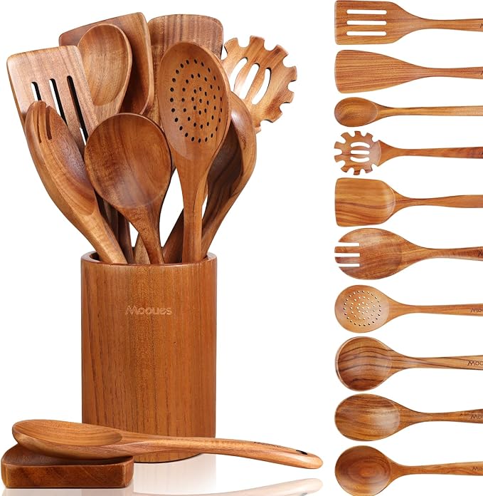 Mooues 12 Piece Wooden Spoons for Cooking, Wooden Utensils for Cooking with Utensils Holder, Natural Teak Wooden Kitchen Utensils Set with Wooden Spoon Rest, Comfort Grip