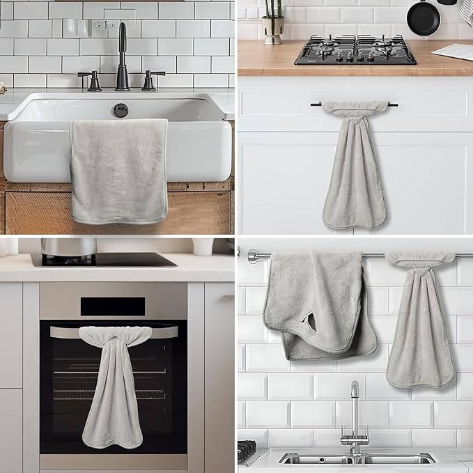 R HORSE 8Pcs Hanging Hand Towel with Loop, Grey Absorbent Coral Fleece Bathroom Hand Towel, Soft Thick Dish Cloth Decorative Quick Drying Dish Cloth, Washcloth for Kitchen Bathroom
