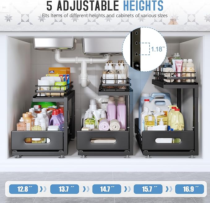 Under Sink Organizer Upgrade To Professional Rails,2-Tier Dual Pull Out Cabinet Storage,Height Adjustable Slide Out Drawers For Bathroom Kitchen,1 Pack-18.5"Dx12.8"-16.9"H,Black