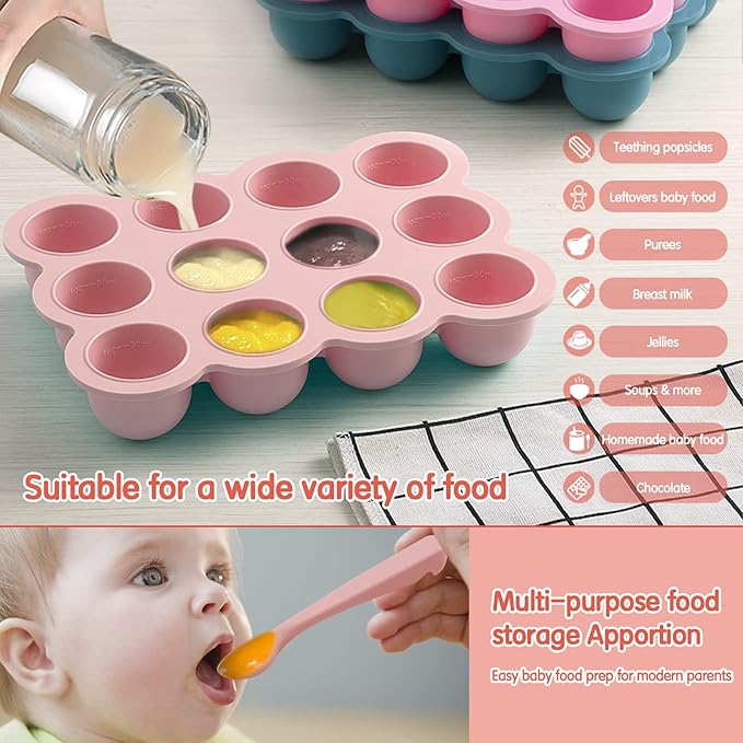 12x1.5oz Baby Food Storage Containers, Baby Food Freezer Tray with Clip Lid Gossamer Pink, Food Grade Silicone Freezer Trays for Purees & Vegetables