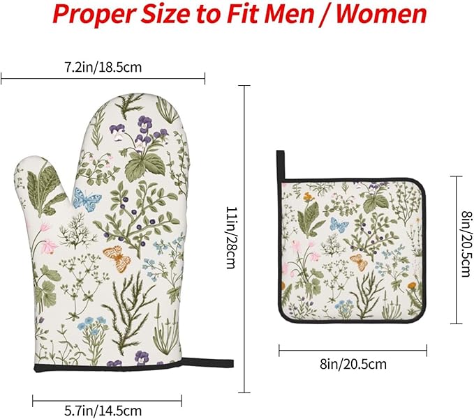 Vintage Floral Oven Mitts and Pot Holders Sets of 3 Cute Botanic Hot Pads Herbs and Wild Flowers Oven Gloves Heat Resistant Washable for Kitchen Cooking Grilling Baking
