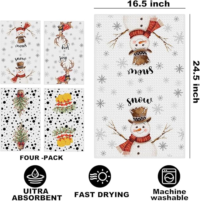4 Pcs Christmas Kitchen Towels, Merry Christmas Tree Reindeer Tea Hand Towel, Microfiber Dish Cloths for Drying Dishes, Waffle Dish Towels for Kitchen Home Decor, for Women Mom