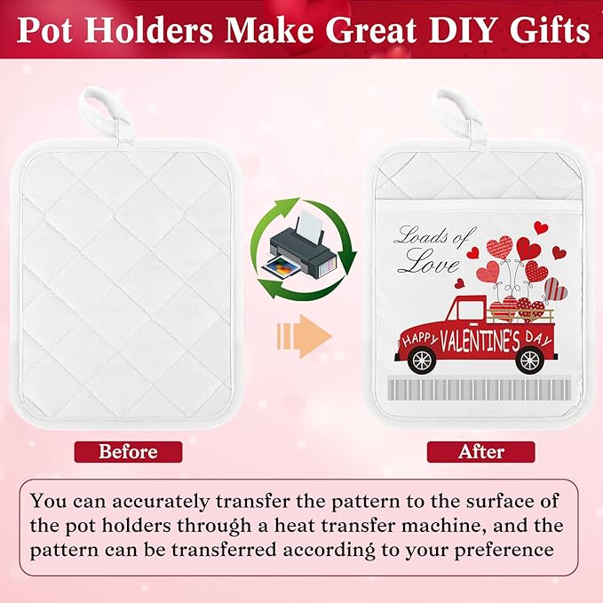 Hoolerry 10 Pieces Pot Holders with Pocket Sublimation 7x9'' Cotton Oven Pot Holders Bulk with Hanging Loops Pads for Kitchen Cook Baking (White)
