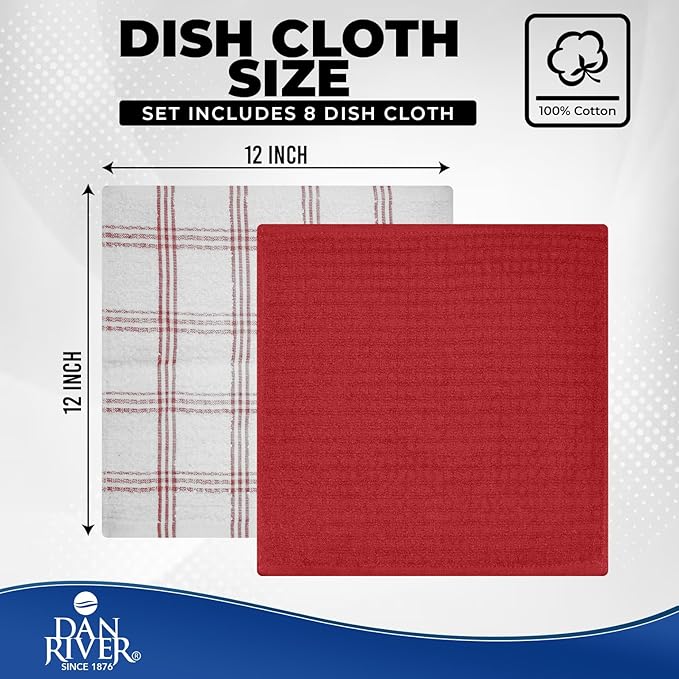 DAN RIVER Premium Dish Cloth 100% Cotton 12 X 12 Inches |Pack of 8|-Ultra Soft Tea Towels-Highly Absorbent Kitchen Rags-Terry Dishcloth for Kitchen and Household Cleaning |Red|