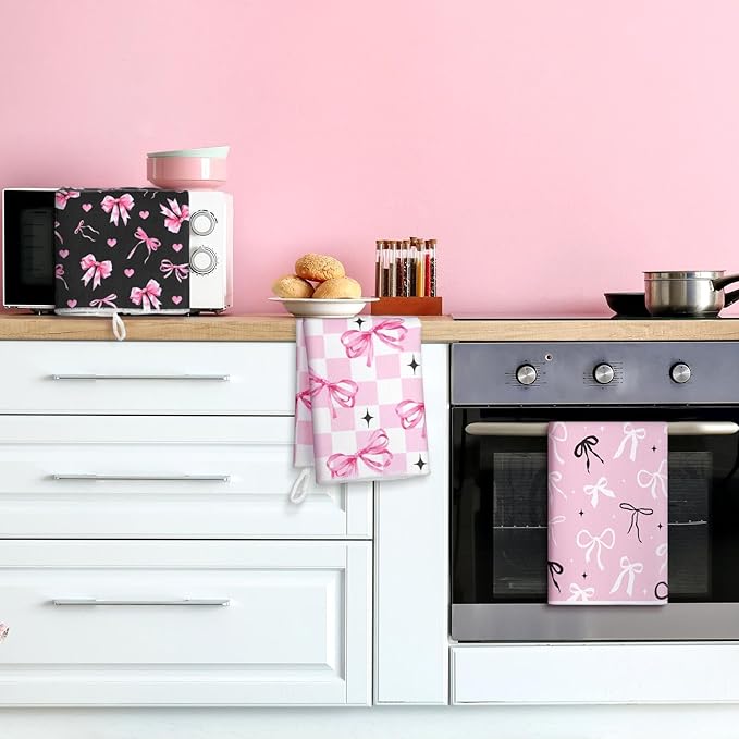 Bencailor 6 Pcs Pink Bow Kitchen Towels Decorative Sets Dish Towels Absorbent Fast Drying Hand Tea Vintage Hanging Reusable Cleaning Dishcloths for Cooking Farmhouse Bathroom Accessory