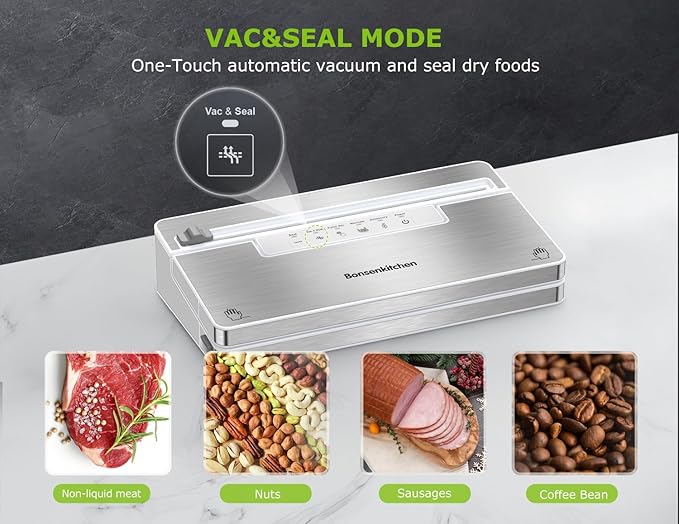 Bonsenkitchen Vacuum Sealer Machine, Stainless Steel Food Sealer Vacuum Sealers with 1 Roll & 5 Bags, 5 Food Vacuum Modes, Built-in Cutter & Bag Storage (White Silver)