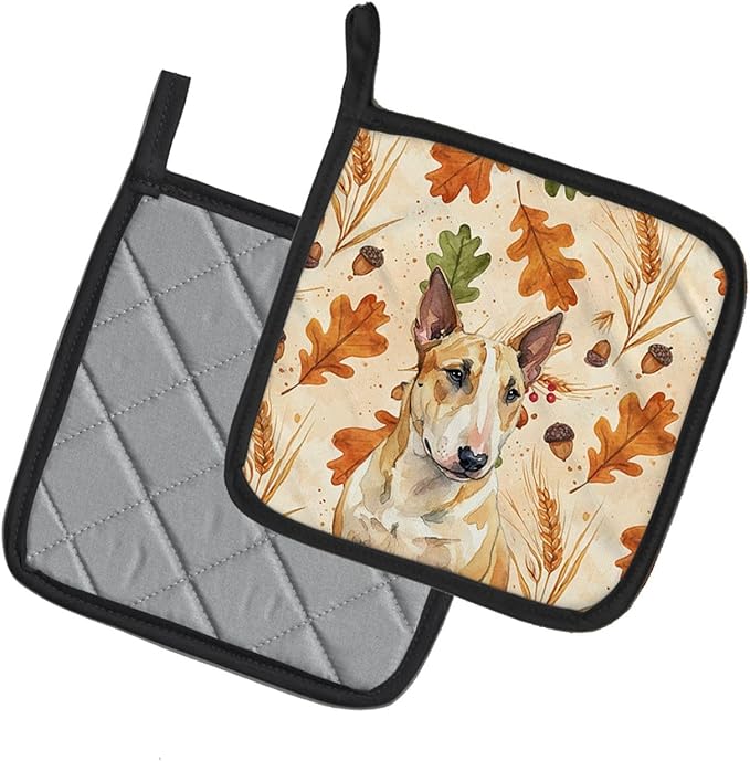 Caroline's Treasures Miniature Bull Terrier Heirloom Fall Pair of Pot Holders Pair 7.5x7.5 Quilted Insulated Hot Pads Decorative Kitchen Gift Made in USA