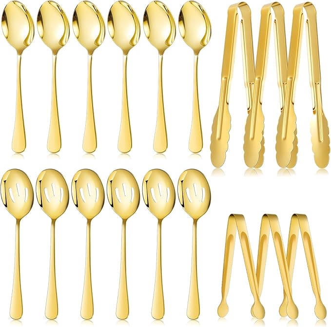 Mwellewm 18Pcs Serving Utensils, Serving Spoons for Buffet, Serving Tongs for Food, Large Slotted Spoons, Stainless Steel Banquet Cutlery Set for Parties Weeding Birthday Entertaining Catering(Gold)