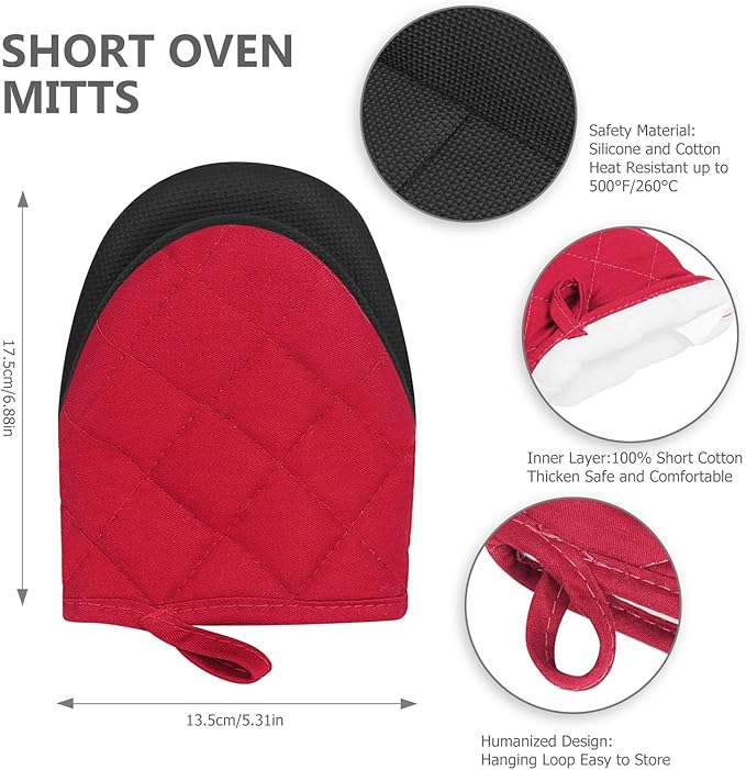 Short Oven Mitts, Heat Resistant 500°F, Silicone Grip Kitchen Gloves, Non-Slip for Baking, Grilling, BBQ, Machine Washable with Hanging Loop, 2-Pack Set, Red