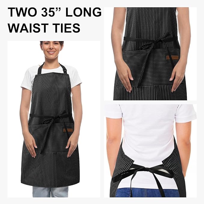 DILLMAN Kitchen Cooking Adjustable Aprons - Men Women Bib Soft Chef Stripes Apron with 2 Pockets