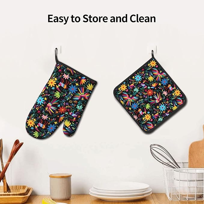 Mexican Folk Art Inspired Oven Mitts & Pot Holders Sets of 3, Polyester Heat Resistant Multicolor Kitchen Gloves and Hot Pads for Cooking Baking Grilling, Gift for Ethnic & Art Enthusiasts, Home Decor