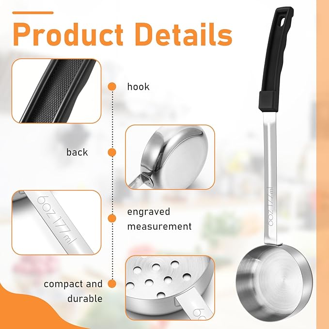 Teenyyou 8 Pcs Portion Control Serving Spoons Portion Scoops Cups Solid and Slotted Stainless Steel Ladle Spoon for Food, Serving Utensils Set for Parties(Black,6 oz)