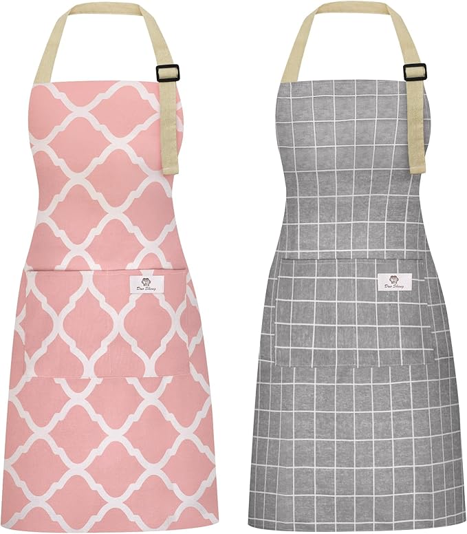 2 Pieces Aprons for Women with Pockets, Cotton Linen Waterproof Kitchen Cooking Aprons, Chef Apronfor Men Women with Adjustable Neck Strap and Long Ties(Pink/Grey)