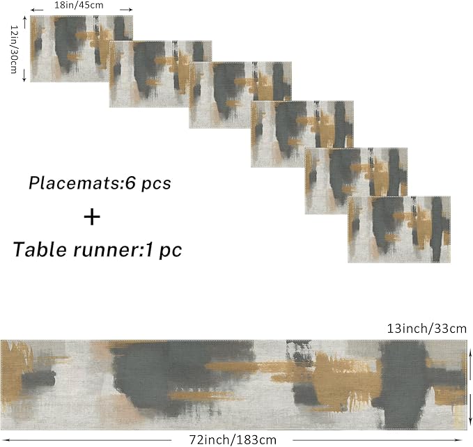 Emvency Vintage Grey Table Runner and Placemats Set of 6, Abstract Dark Gray Brown Decorations for Indoor Outdoor Dining Decor(1 Table Runner 72 inches Long and 6 Placemats)