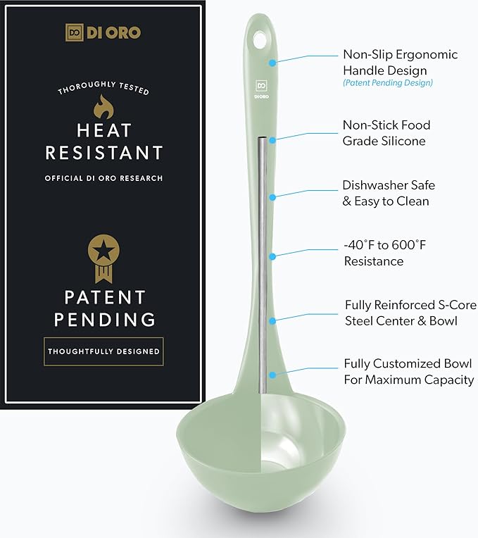 DI ORO Silicone Ladle – Soup Ladle for Cooking & Serving Heat-Resistant - Large Kitchen Soup Ladle Nonstick Cookware Safe - Soup Serving Spoon with Wide Bowl - Silicone Utensil Dishwasher Safe (Sage)