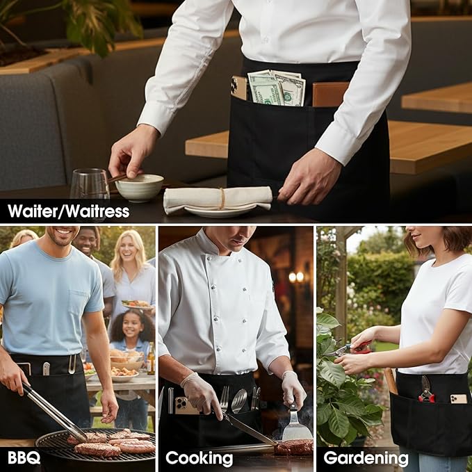 BOHARERS 10 Pack Black Waitress Aprons Server Apron with 3 Pockets Men Women Short Waterproof Apron Kitchen, Restaurant