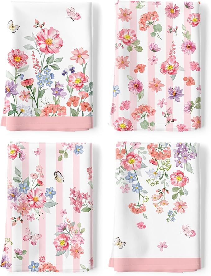 Pink Floral Tea Towels 100% Cotton Quick Dry Wildflower Kitchen Towels, 18.9 x 27.5'' Absorbent Dish Cloth for Kitchen Home Decor, Housewarming, Birthday Gifts for Mom, Set of 4