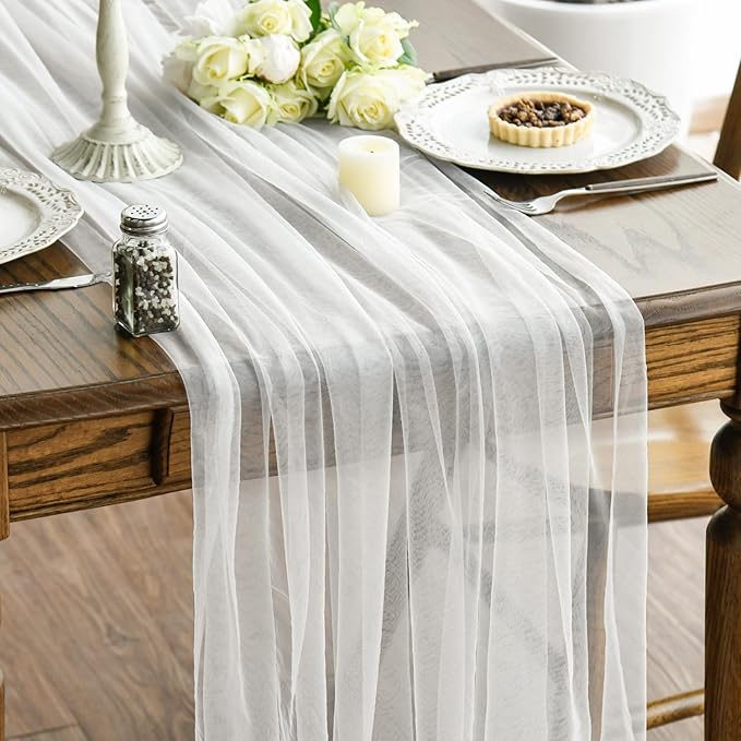 Artoid Mode Ivory Gauze Table Runner 120 Inch 10FT, Seasonal Sheer Kitchen Dining Holiday Wedding Birthday Baby Shower Table Decor for Home Party