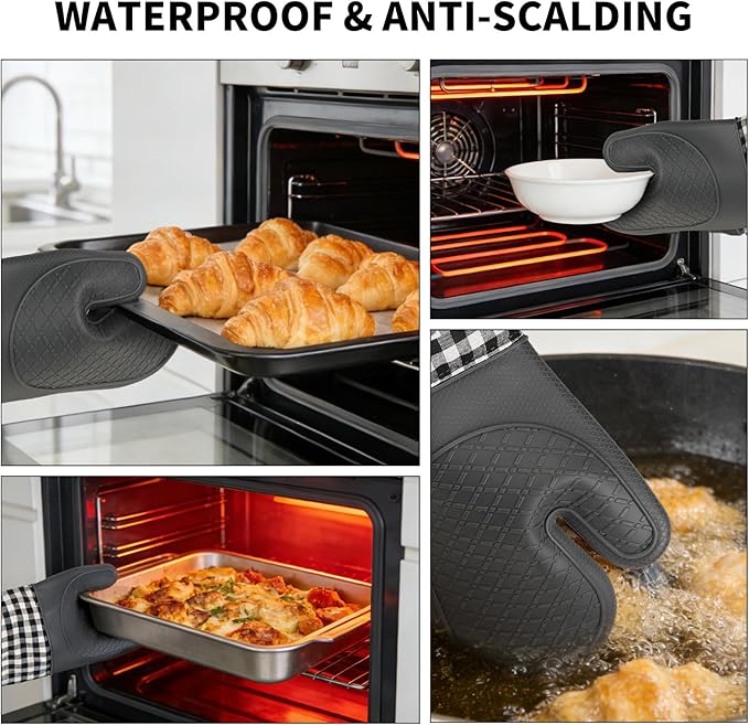 Tifanso Plaid Oven Mitts and Pot Holders 4-Piece Set, Oven Mitts Gloves Heat Resistant with Non-Slip Silicone Surface for Cooking Baking Grilling, Cotton Pot Holders Pads for Kitchen Cooking (Grey)