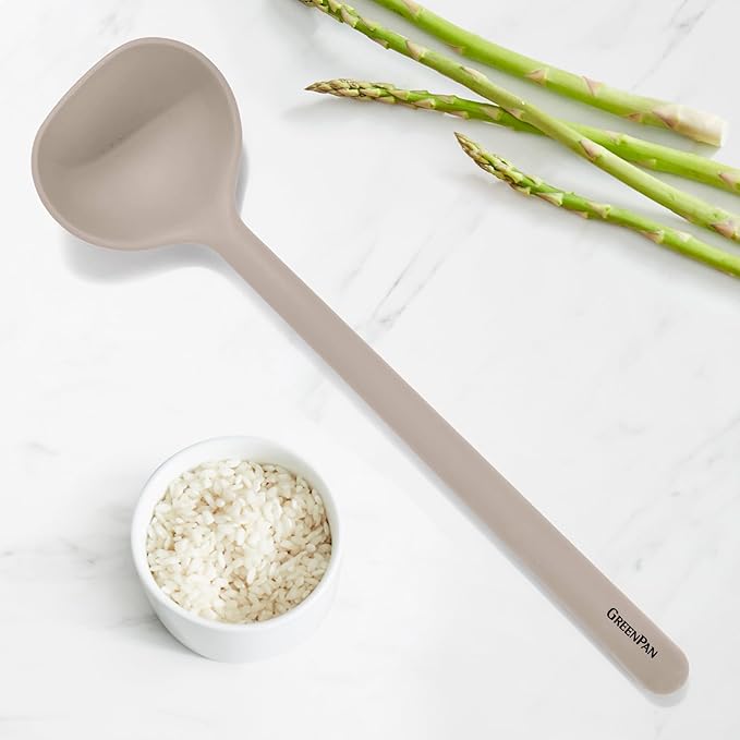 GreenPan Silicone Ladle, Soup Mixing Stirring Serving, Cooking Kitchen Utensil, Flexible Rubber Nonstick Cookware, Rigid Steel Core, Heat-Resistant, Anti-Slip Handle, BPA-Free, Dishwasher Safe, Taupe
