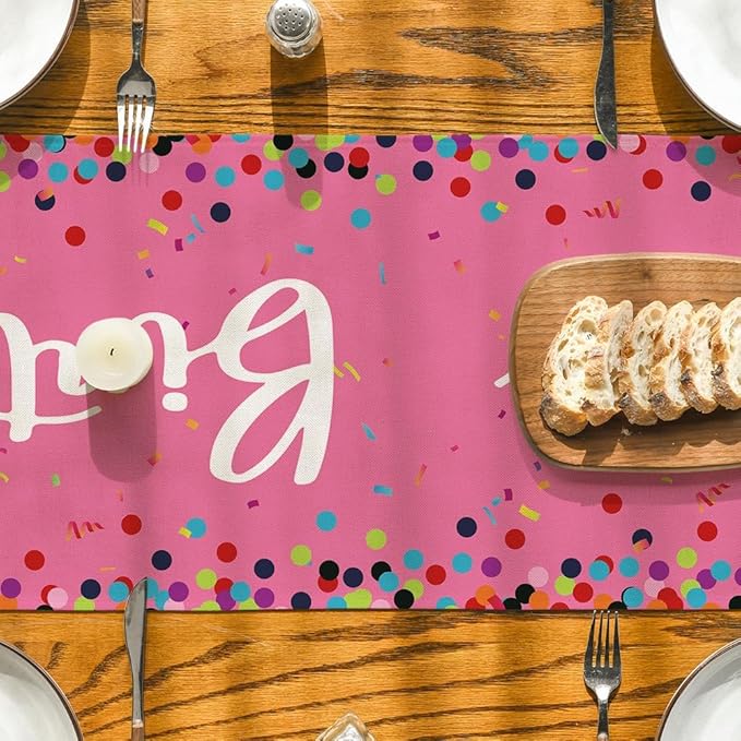 Artoid Mode Polka Dot Pink Happy Birthday Table Runner, Seasonal Kitchen Dining Table Decoration for Home Party Decor 13x72 Inch