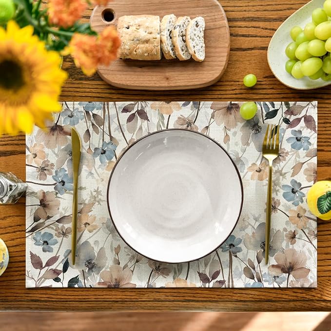 Artoid Mode Brown Poppy Flowers Floral Blossom Summer Placemats Set of 4,12x18 Inch Seasonal Fall Table Mats for Party Kitchen Dining Decoration