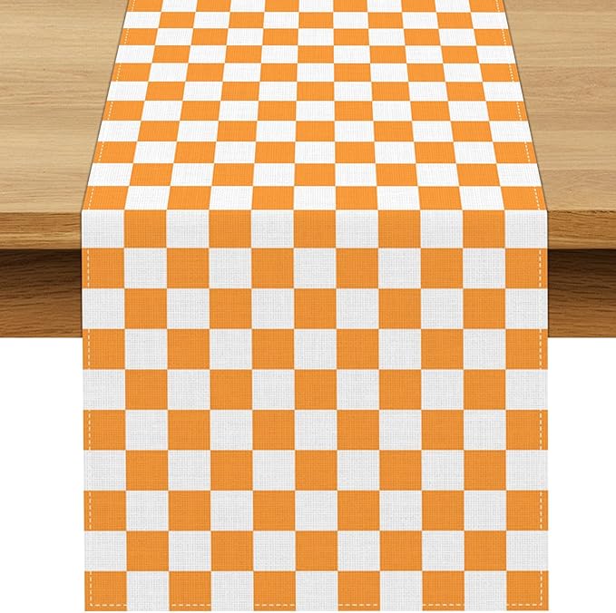 Orange Football Checkered Table Runner Tennessee Fall Thanksgiving Harvest Checkerboard Decoration for Wedding Birthday Bridal Baby Shower Home Party Kitchen Island Decor 13" x 72"